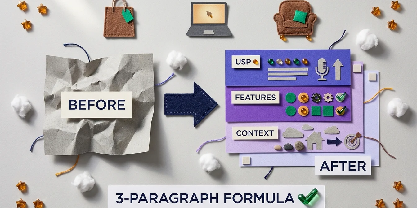 Optimized Google Shopping product description with before-and-after comparison