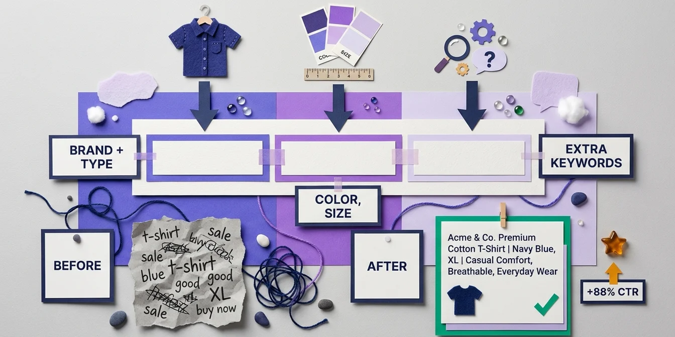 Visualization of an optimized Google Shopping product title structure with brand, product type, and attributes